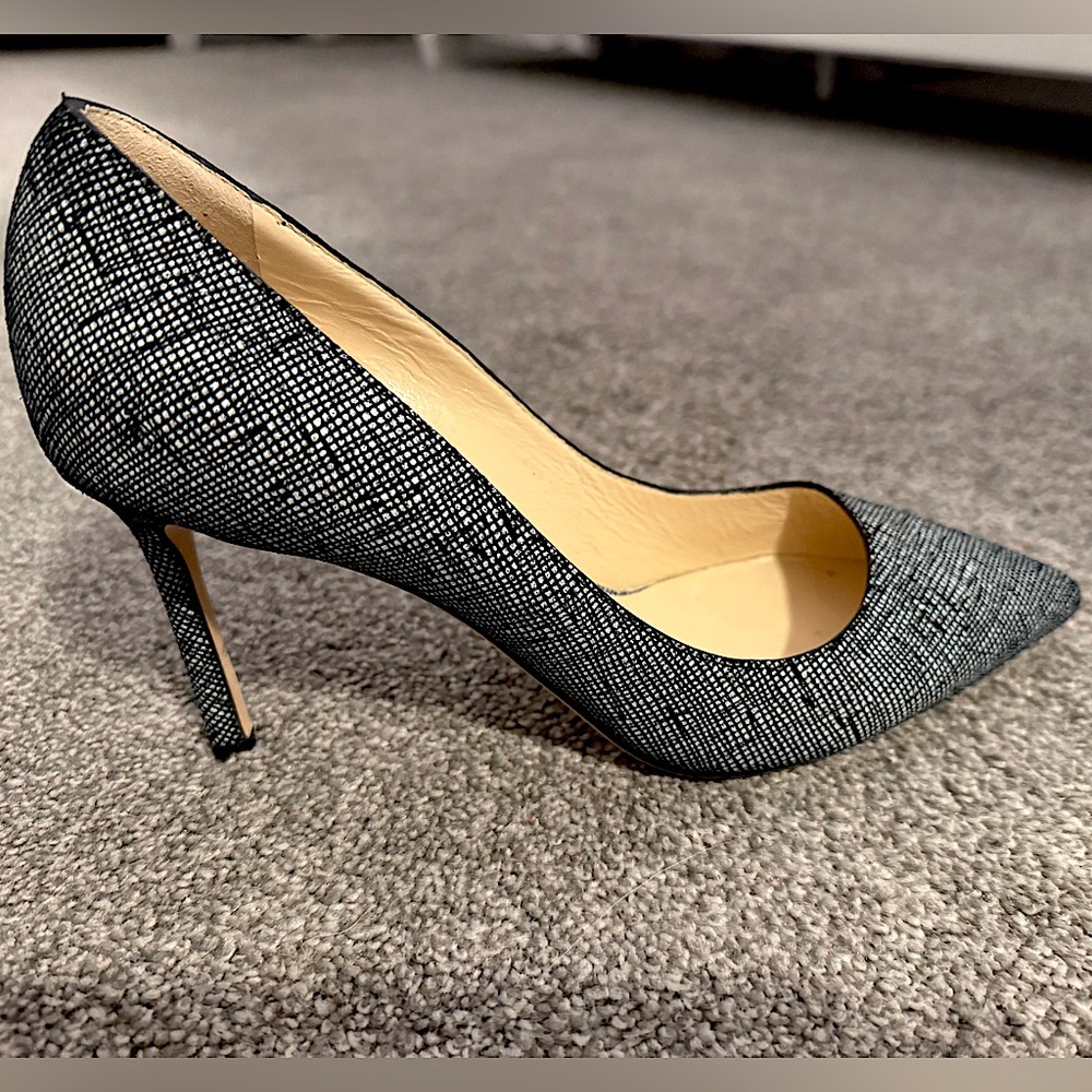 Jimmy Choo Romy 100 Nuback Black Plaid Shoe, size 7.5